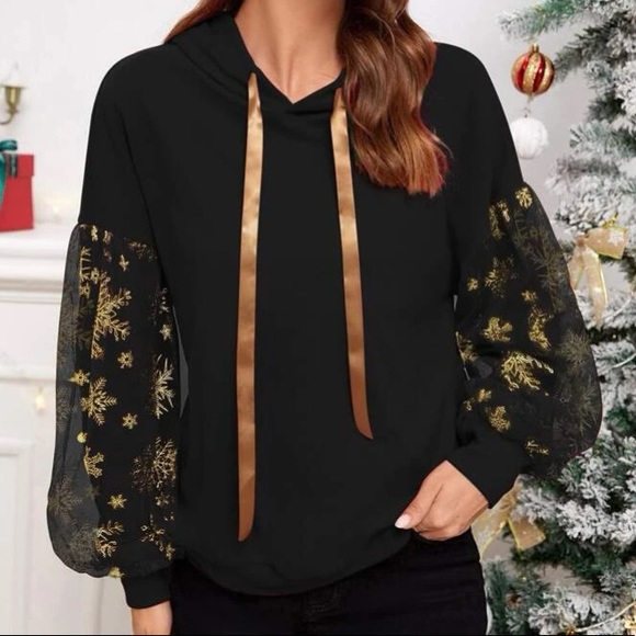 Boutique Tops - Sheer Sleeve Snowflake Pop Over Hoodie